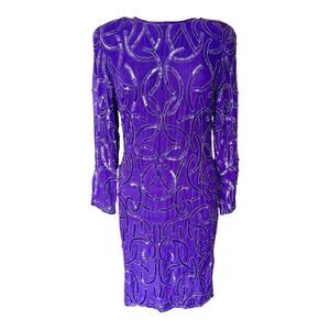 Vintage Carina Purple 100% Silk Beaded Long Sleeve Mini Dress